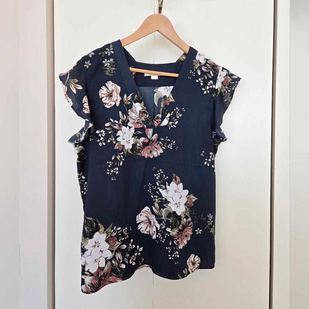 Navy Floral V-Neck Blouse